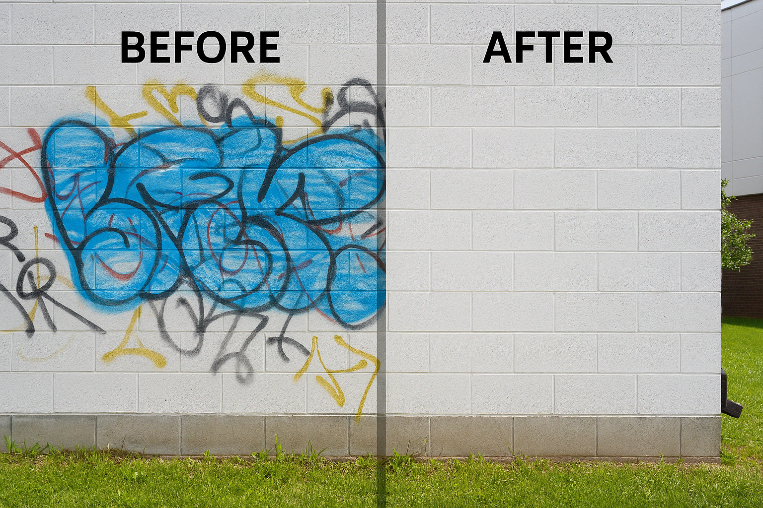 Graffiti removal before and after pressure washing Knightdale NC